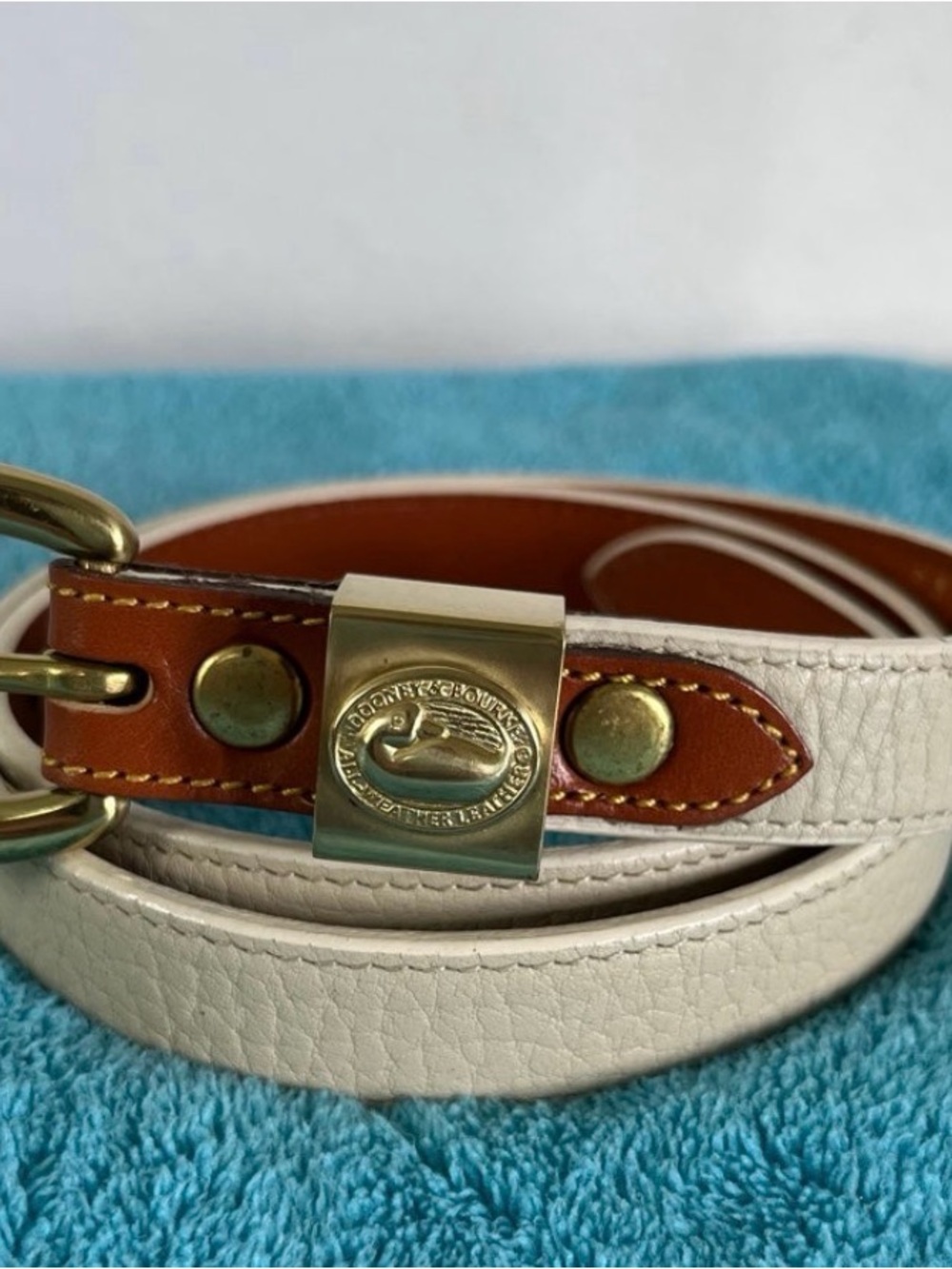 Dooney & Bourke Cream Leather Belt with Brown Trim and Brass Logo Accent